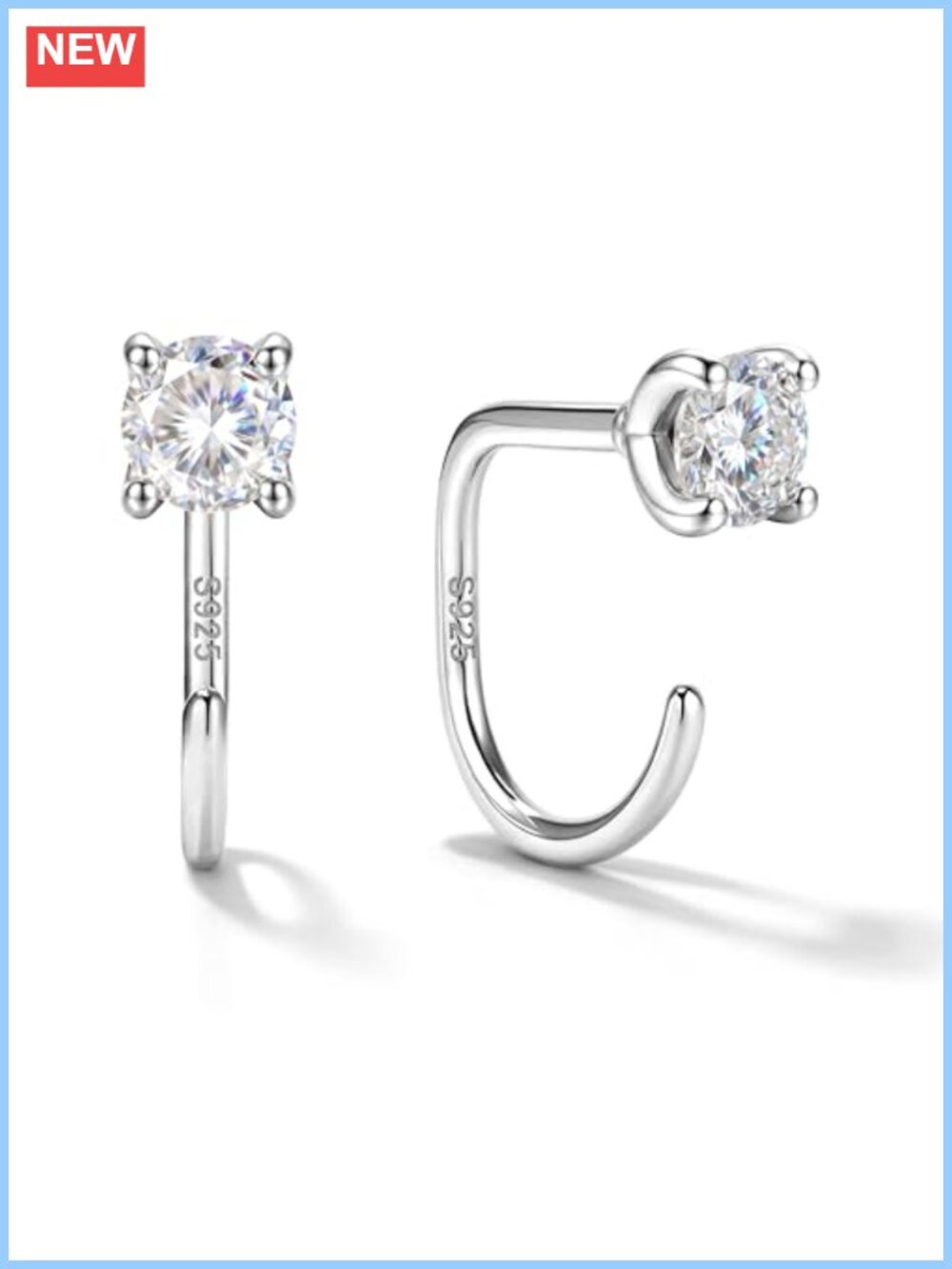 Moissanite Half Hoop Earrings 925 Sterling Silver 14K White Gold Plated